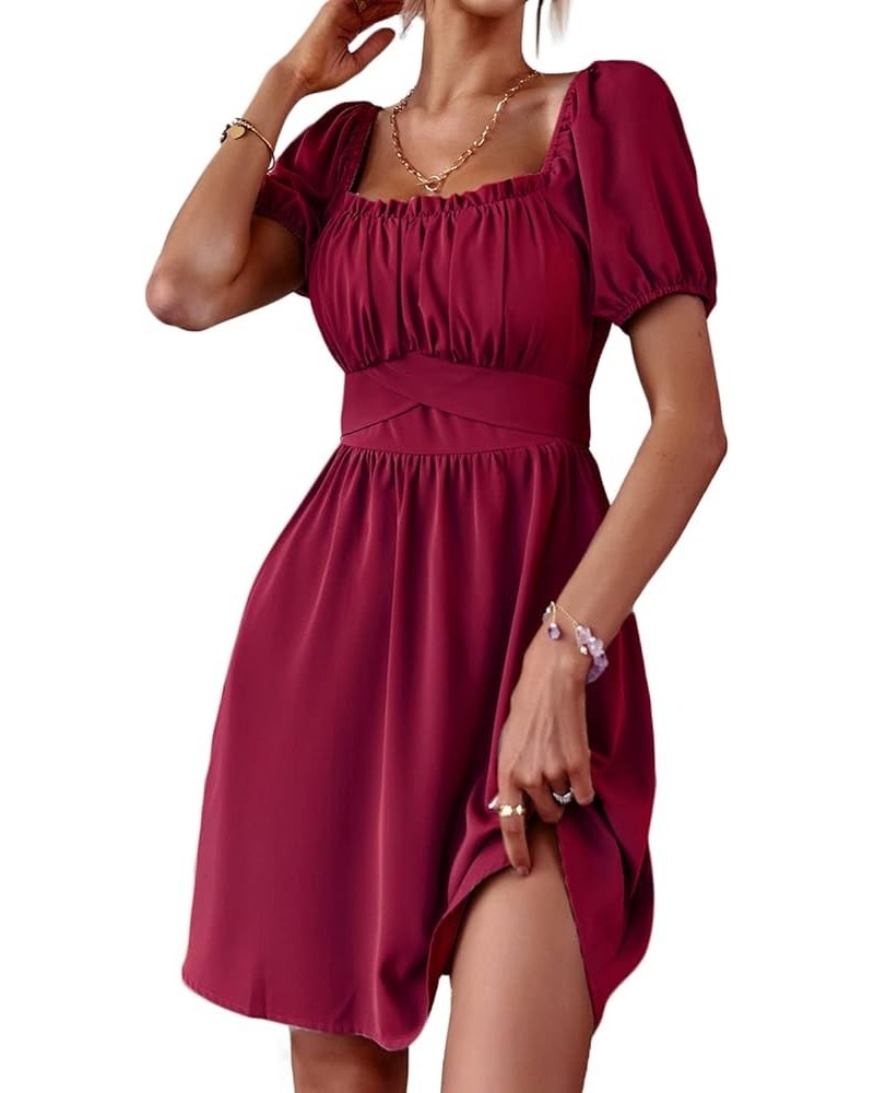 Women's 2024 Summer Square Neck Mini Dress Backless Tie Back Sexy Short Puff Sleeve Off Shoulder Dresses Red $15.50 Dresses