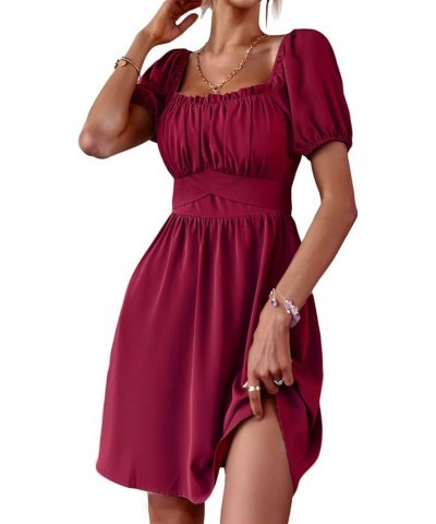 Women's 2024 Summer Square Neck Mini Dress Backless Tie Back Sexy Short Puff Sleeve Off Shoulder Dresses Red $15.50 Dresses