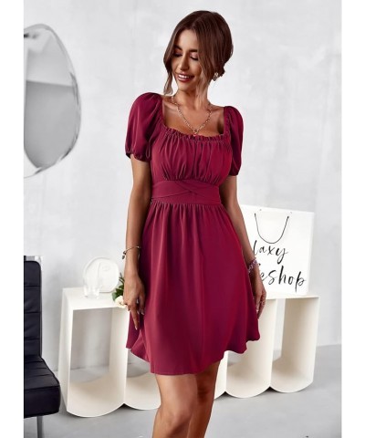 Women's 2024 Summer Square Neck Mini Dress Backless Tie Back Sexy Short Puff Sleeve Off Shoulder Dresses Red $15.50 Dresses