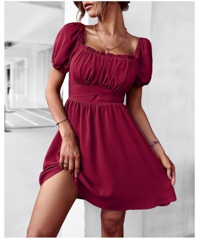 Women's 2024 Summer Square Neck Mini Dress Backless Tie Back Sexy Short Puff Sleeve Off Shoulder Dresses Red $15.50 Dresses