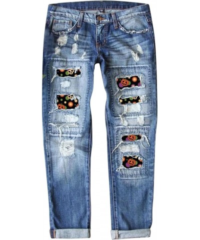 Plus Size Boyfriend Ripped Jeans for Women Novelty Halloween Jeans Vintage Straight-Leg Distressed Patchwork Denim Pants D-bl...