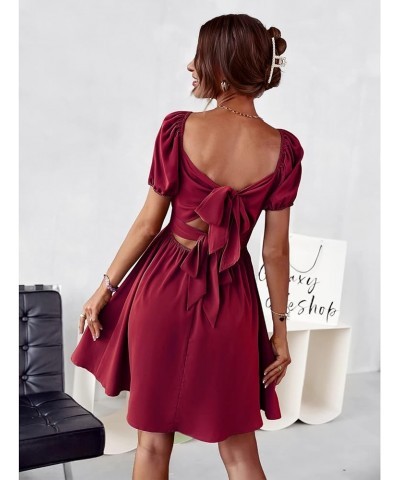 Women's 2024 Summer Square Neck Mini Dress Backless Tie Back Sexy Short Puff Sleeve Off Shoulder Dresses Red $15.50 Dresses