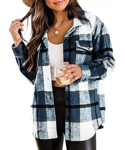 Womens Soft Comfy Flannel Plaid Shacket Casual Button up Long Sleeve Jackets Winter Shirts Clothes with Pockets Blue $13.64 B...