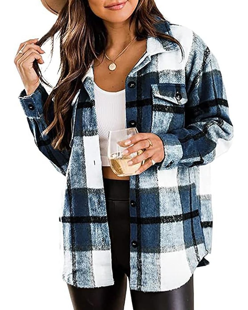 Womens Soft Comfy Flannel Plaid Shacket Casual Button up Long Sleeve Jackets Winter Shirts Clothes with Pockets Blue $13.64 B...