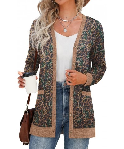 Women's Long Sleeve Open Front Cardigan Button Down Ribbed Lightweight Knit Outerwear with Pocket Leopard Brown $19.26 Sweaters