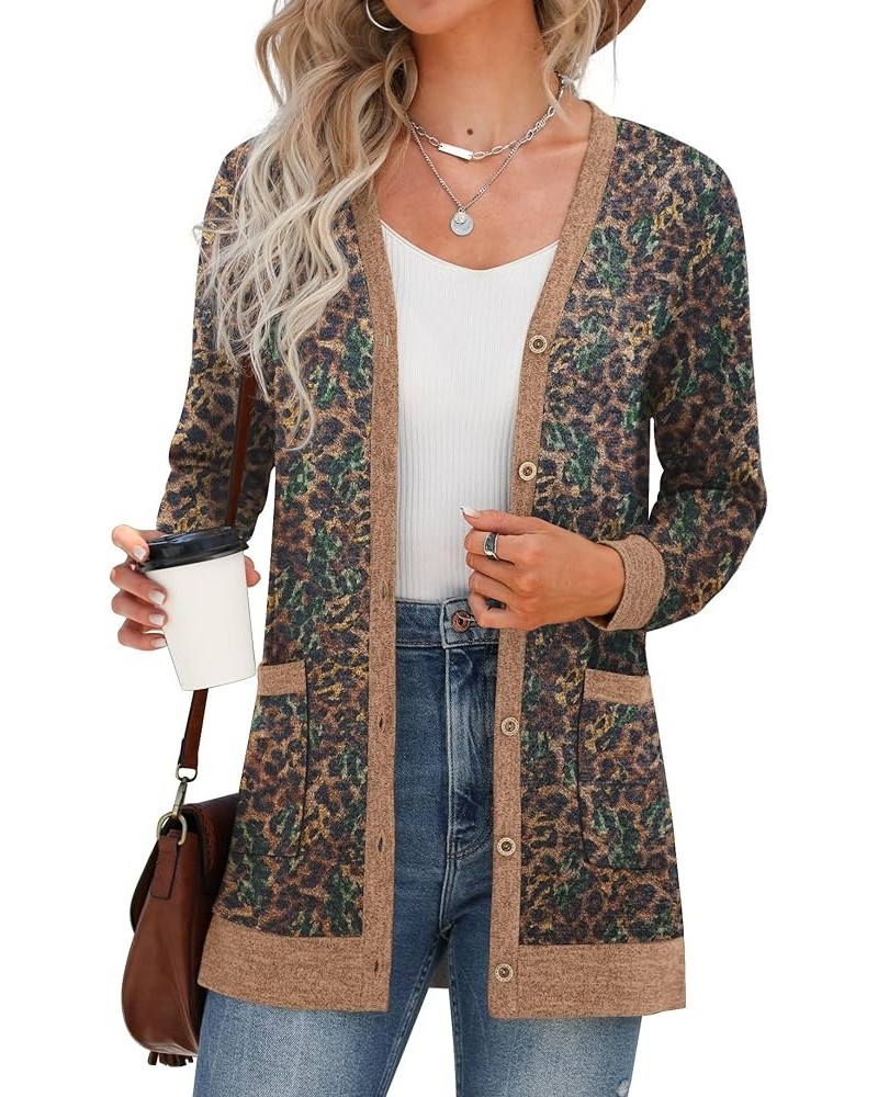 Women's Long Sleeve Open Front Cardigan Button Down Ribbed Lightweight Knit Outerwear with Pocket Leopard Brown $19.26 Sweaters