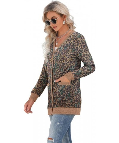 Women's Long Sleeve Open Front Cardigan Button Down Ribbed Lightweight Knit Outerwear with Pocket Leopard Brown $19.26 Sweaters