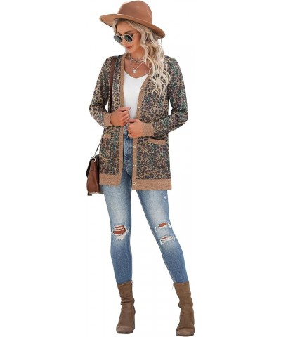 Women's Long Sleeve Open Front Cardigan Button Down Ribbed Lightweight Knit Outerwear with Pocket Leopard Brown $19.26 Sweaters