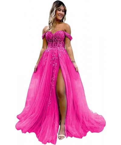 Off The Shoulder Tulle Prom Dresses with Slit Laces Applique Sweetheart Long Formal Evening Party Gowns Hot Pink $46.19 Dresses