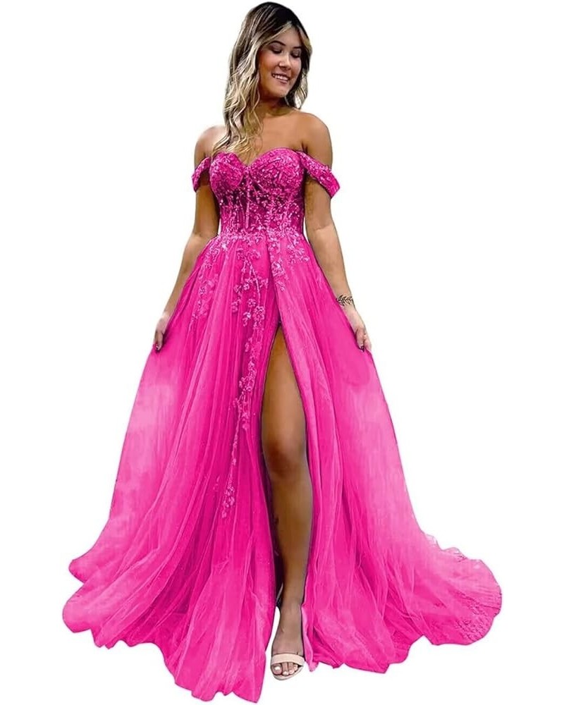 Off The Shoulder Tulle Prom Dresses with Slit Laces Applique Sweetheart Long Formal Evening Party Gowns Hot Pink $46.19 Dresses