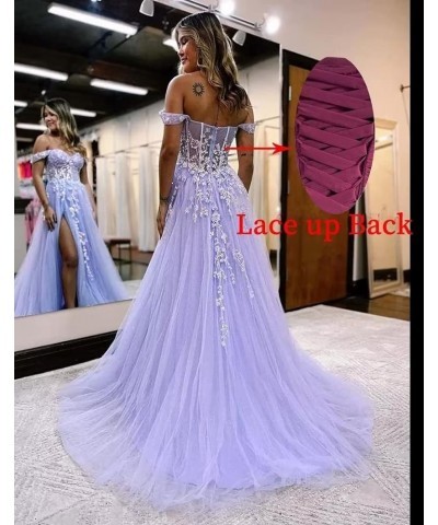 Off The Shoulder Tulle Prom Dresses with Slit Laces Applique Sweetheart Long Formal Evening Party Gowns Hot Pink $46.19 Dresses