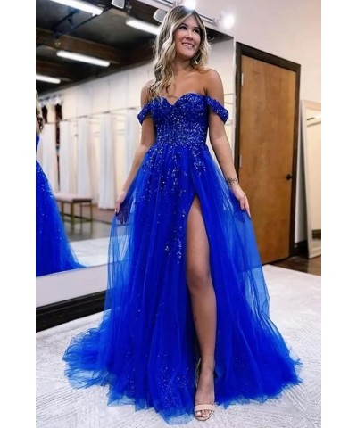 Off The Shoulder Tulle Prom Dresses with Slit Laces Applique Sweetheart Long Formal Evening Party Gowns Hot Pink $46.19 Dresses