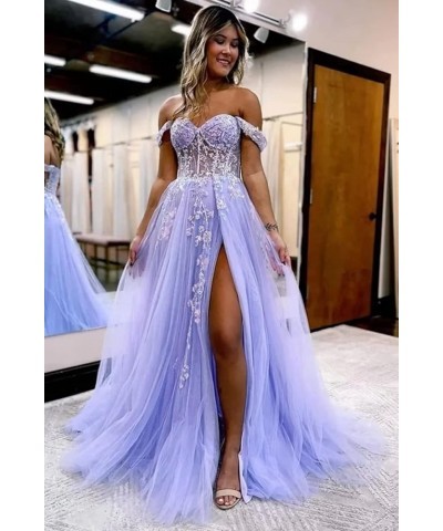 Off The Shoulder Tulle Prom Dresses with Slit Laces Applique Sweetheart Long Formal Evening Party Gowns Hot Pink $46.19 Dresses