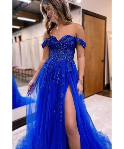 Off The Shoulder Tulle Prom Dresses with Slit Laces Applique Sweetheart Long Formal Evening Party Gowns Hot Pink $46.19 Dresses