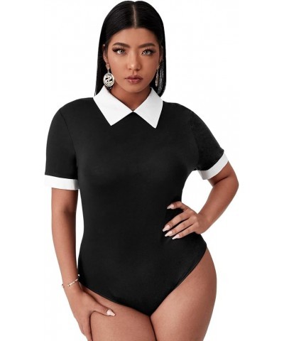 Women's Plus Size Colorblock Contrast Collar Short Sleeve Tee Shirt Bodysuit Black White $12.23 Bodysuits