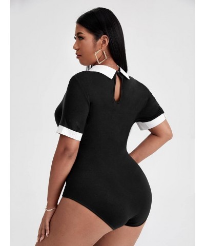 Women's Plus Size Colorblock Contrast Collar Short Sleeve Tee Shirt Bodysuit Black White $12.23 Bodysuits