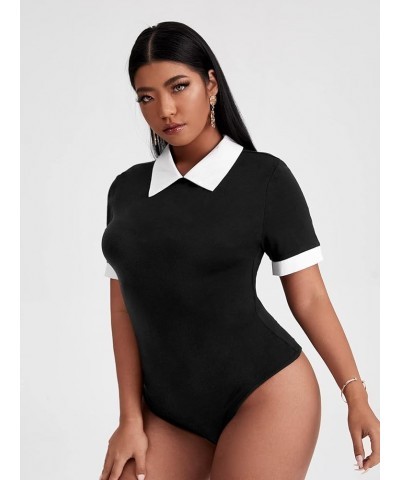 Women's Plus Size Colorblock Contrast Collar Short Sleeve Tee Shirt Bodysuit Black White $12.23 Bodysuits