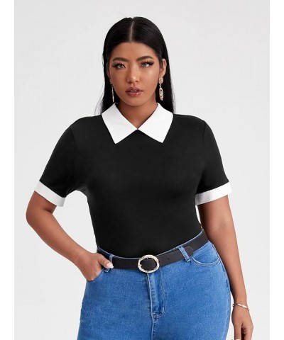 Women's Plus Size Colorblock Contrast Collar Short Sleeve Tee Shirt Bodysuit Black White $12.23 Bodysuits