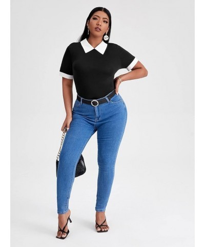 Women's Plus Size Colorblock Contrast Collar Short Sleeve Tee Shirt Bodysuit Black White $12.23 Bodysuits