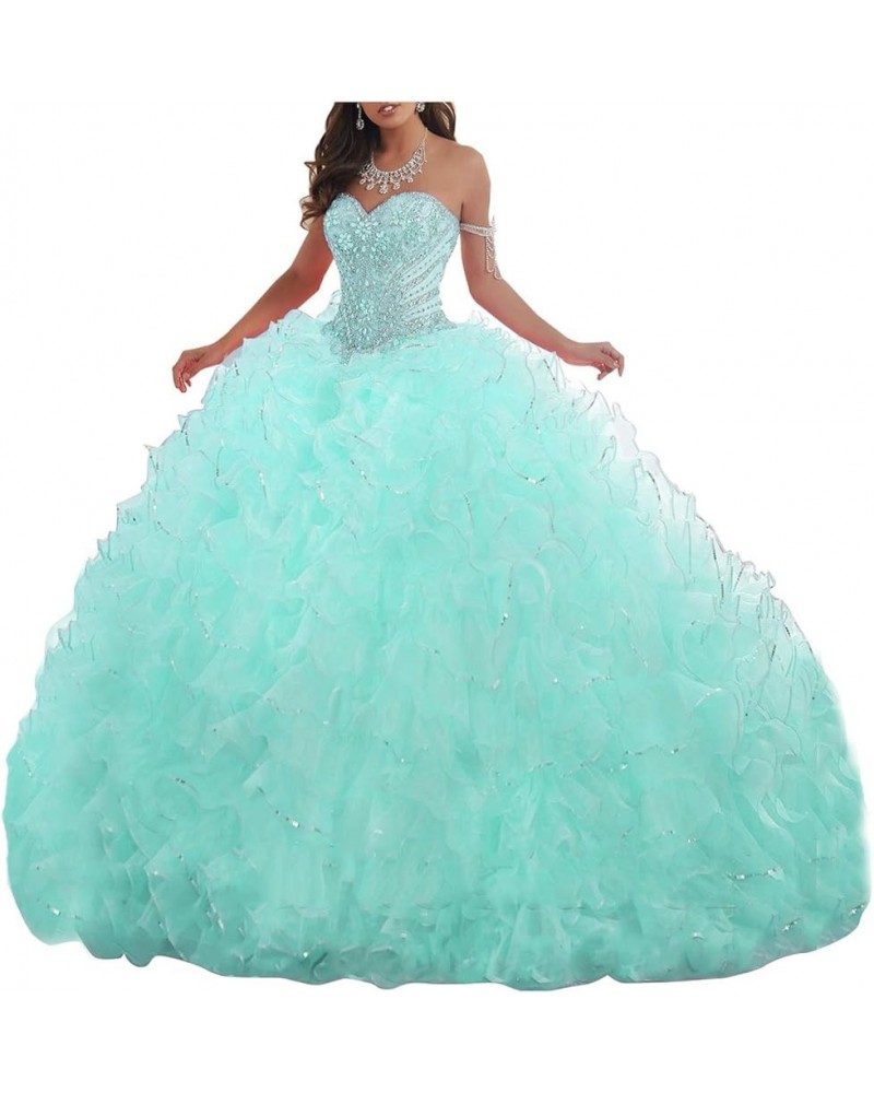 Women's Organza Ruffles Quinceanera Beaded Sweetheart Prom Ball Gown Turquoise $69.30 Dresses