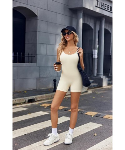 2 Piece Bodysuits for Women Ribbed Shapewear Bodysuit Tummy Control Spaghetti Strap Yoga Romper Beige $13.24 Lingerie