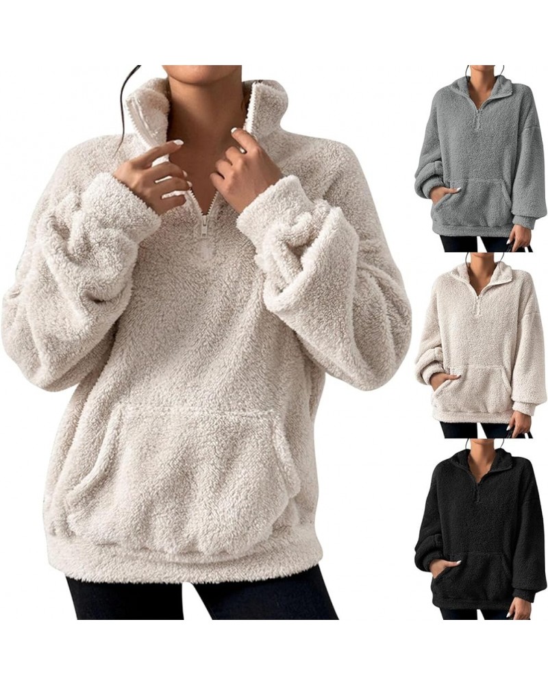 Women's Quarter Zip Pullover Fuzzy Oversized Sweatshirt Fleece Pullover Sweater Comfy Fall Outfits with Pocket A003-gray $8.2...