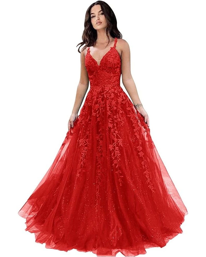 Women's Long Tulle Evening Dress Floral Appliques A-line Formal Maxi Dress WK12201 Red $37.60 Dresses