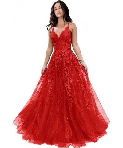 Women's Long Tulle Evening Dress Floral Appliques A-line Formal Maxi Dress WK12201 Red $37.60 Dresses