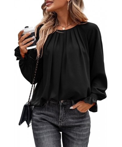 Womens Pleated Tunic Tops: Crew Neck Long Sleeve Solid Color Casual Trendy Work Business Blouses Tops Black $16.79 Blouses