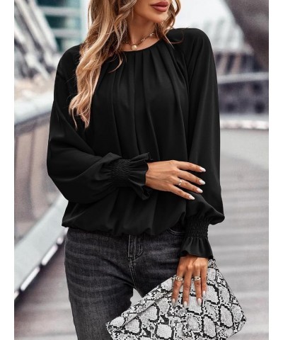 Womens Pleated Tunic Tops: Crew Neck Long Sleeve Solid Color Casual Trendy Work Business Blouses Tops Black $16.79 Blouses