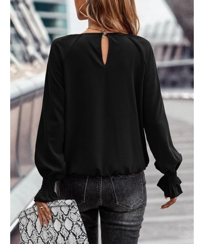 Womens Pleated Tunic Tops: Crew Neck Long Sleeve Solid Color Casual Trendy Work Business Blouses Tops Black $16.79 Blouses