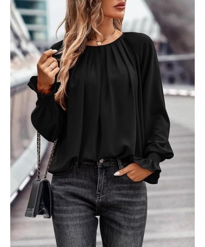 Womens Pleated Tunic Tops: Crew Neck Long Sleeve Solid Color Casual Trendy Work Business Blouses Tops Black $16.79 Blouses