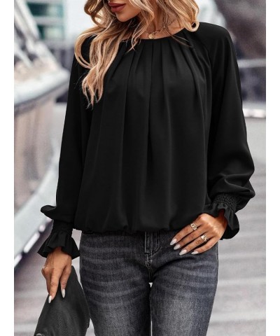 Womens Pleated Tunic Tops: Crew Neck Long Sleeve Solid Color Casual Trendy Work Business Blouses Tops Black $16.79 Blouses