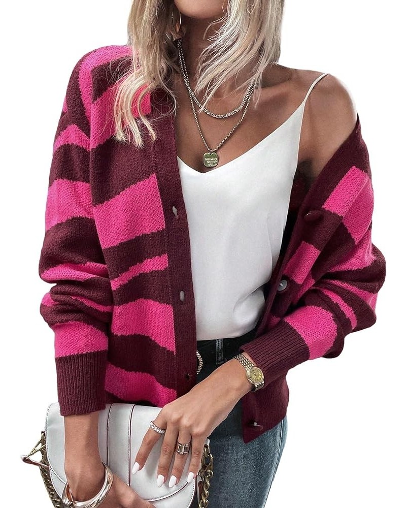 Women's Color Block V Neck Button Front Knit Cardigan Sweater Outerwear Pink Striped $20.24 Sweaters