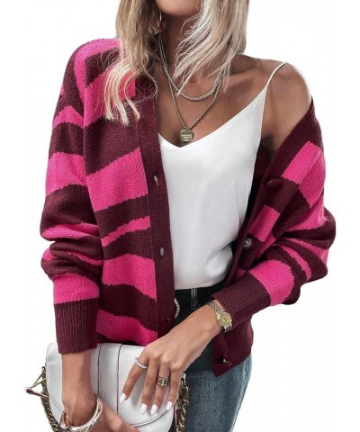 Women's Color Block V Neck Button Front Knit Cardigan Sweater Outerwear Pink Striped $20.24 Sweaters