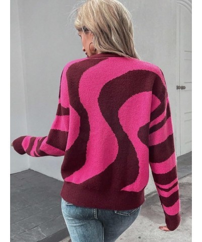 Women's Color Block V Neck Button Front Knit Cardigan Sweater Outerwear Pink Striped $20.24 Sweaters