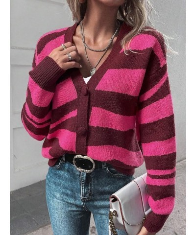 Women's Color Block V Neck Button Front Knit Cardigan Sweater Outerwear Pink Striped $20.24 Sweaters