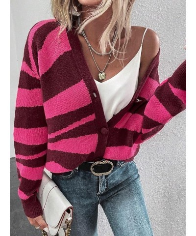 Women's Color Block V Neck Button Front Knit Cardigan Sweater Outerwear Pink Striped $20.24 Sweaters