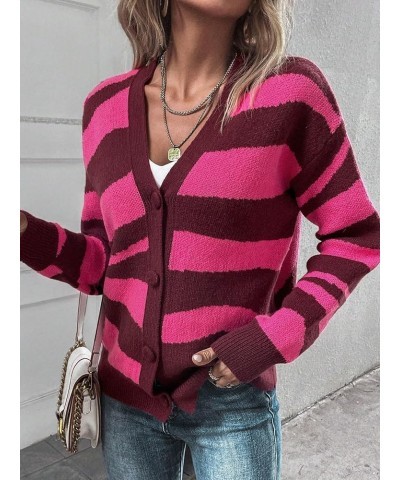 Women's Color Block V Neck Button Front Knit Cardigan Sweater Outerwear Pink Striped $20.24 Sweaters