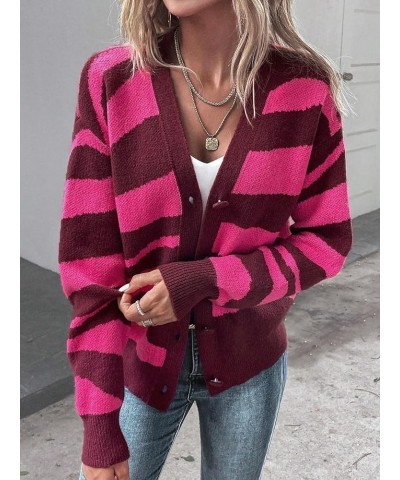 Women's Color Block V Neck Button Front Knit Cardigan Sweater Outerwear Pink Striped $20.24 Sweaters