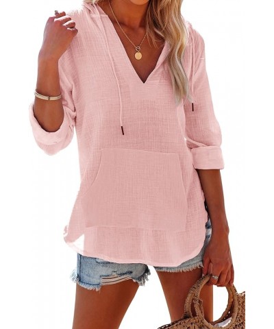 Women's Beach Cover Up hoodies sweatshirt Long Sleeve V Neck Pocketed Hooded Shirt Top Pink $23.45 Swimsuits