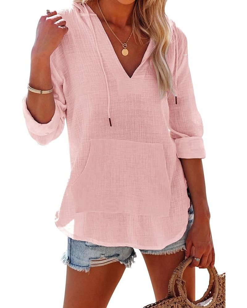 Women's Beach Cover Up hoodies sweatshirt Long Sleeve V Neck Pocketed Hooded Shirt Top Pink $23.45 Swimsuits