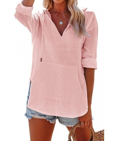 Women's Beach Cover Up hoodies sweatshirt Long Sleeve V Neck Pocketed Hooded Shirt Top Pink $23.45 Swimsuits