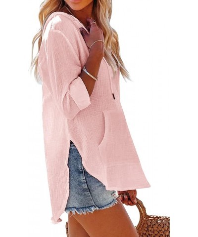 Women's Beach Cover Up hoodies sweatshirt Long Sleeve V Neck Pocketed Hooded Shirt Top Pink $23.45 Swimsuits