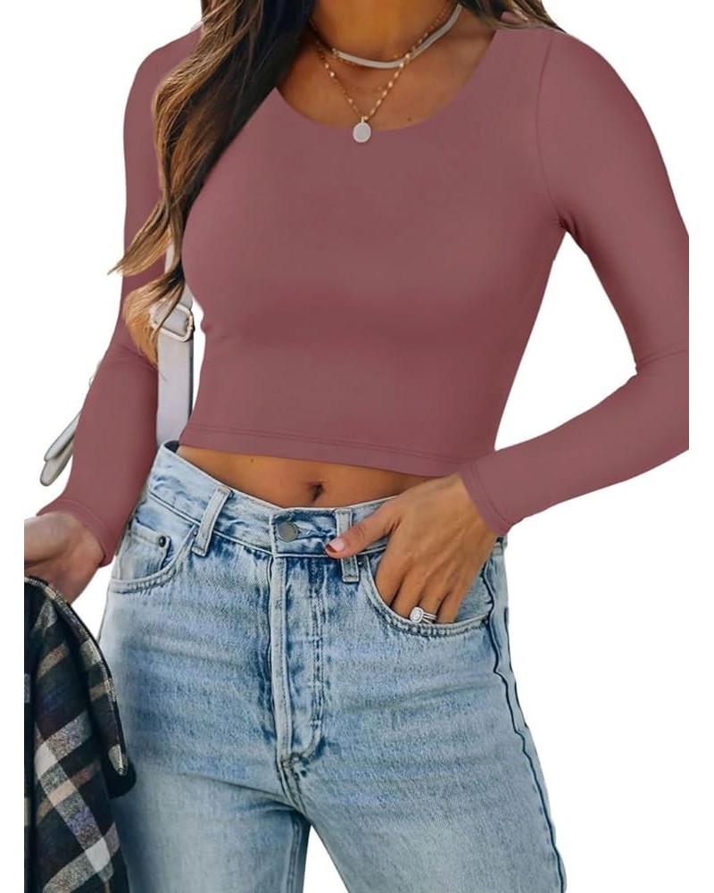 Women's Casual Long Sleeve Crew Neck Double Lined Tight T Shirts Crop Tops Basic Tee Tops Masala $11.79 T-Shirts