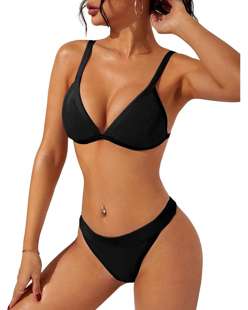 Women's Triangle Bikini Set Sexy Brazilian Two Piece Swimsuit Cute Bathing Suit Black - Black $18.06 Swimsuits