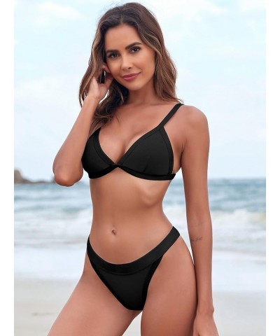 Women's Triangle Bikini Set Sexy Brazilian Two Piece Swimsuit Cute Bathing Suit Black - Black $18.06 Swimsuits