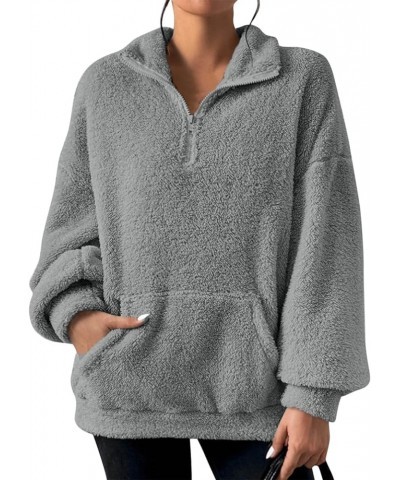 Women's Quarter Zip Pullover Fuzzy Oversized Sweatshirt Fleece Pullover Sweater Comfy Fall Outfits with Pocket A003-gray $8.2...