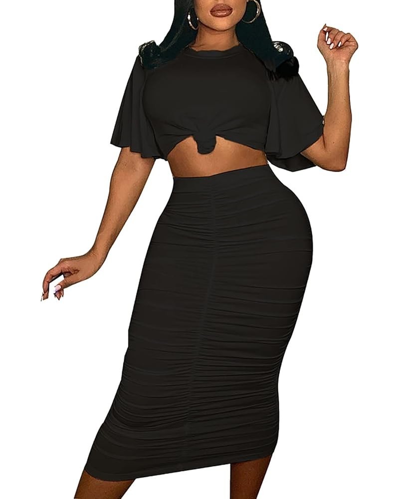 Women's 2 Piece Skirt Sets Ruffle Short Sleeve Crop Top and Ruched Bodycon Midi Dress Sets Black - New $16.49 Suits