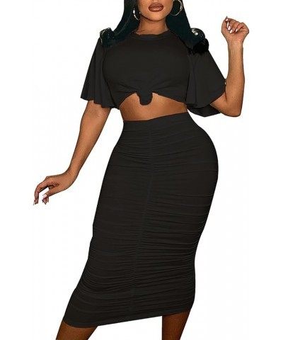 Women's 2 Piece Skirt Sets Ruffle Short Sleeve Crop Top and Ruched Bodycon Midi Dress Sets Black - New $16.49 Suits